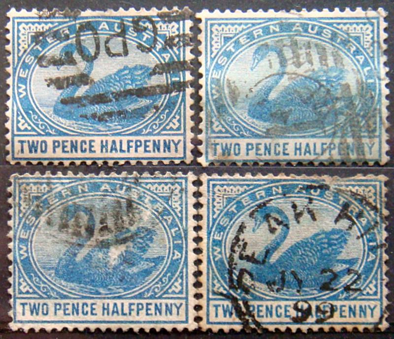 WESTERN AUSTRALIA 1890 2.5d Swan 4 Stamps Used Scott 64 CV$12 Wmk: Crown & CA