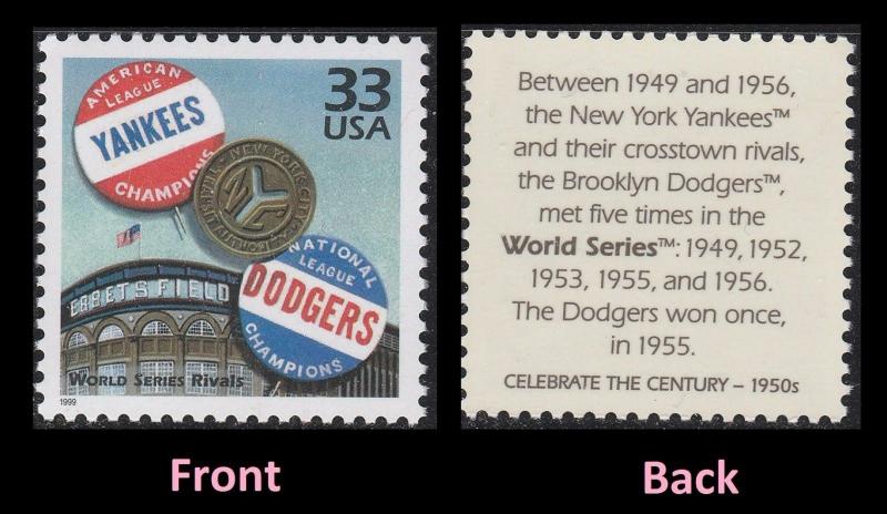 US 3187j Celebrate the Century 1950s World Series Rivals 33c single MNH 1999 