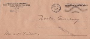 U.S. POST OFFICE DEPARTMENT, Worcester, Mass. 1916 Official Cover- TEAR  47047