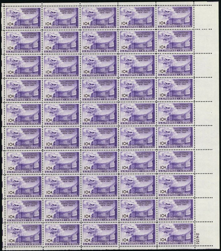 Universal Postal Union Full Sheet of Fifty 10 Cent Airmail Stamps Scott C42