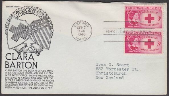 USA 1948 CLARA BARTON RED CROSS  - C Stephen Anderson FDC to New Zealand....M478