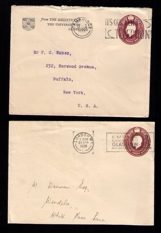 GB UK Stamped Envolopes (1933 & 1938) KGV Cambridge & London 1-1/2d (x2) USED