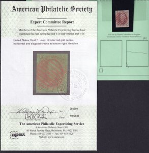 1847 Washington Sc 1 used single 5c red grid cancel APS Certificate CV $425 (B