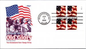 SCHALLSTAMPS UNITED STATES 2002 CACHET FDC COVER SALUTE TO OLD GLORY PLATE BLOCK