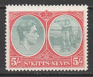 ST KITTS NEVIS 1938 KGVI COLUMBUS BADGE 5/- PERF 14