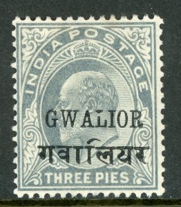 British India 1903 Gwalior KEVII 3 Pies Gray Scott #32 Mint E142