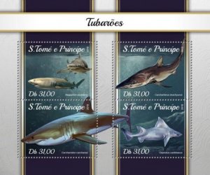 St Thomas - 2018 Sharks on Stamps - 4 Stamp Sheet - ST18110a