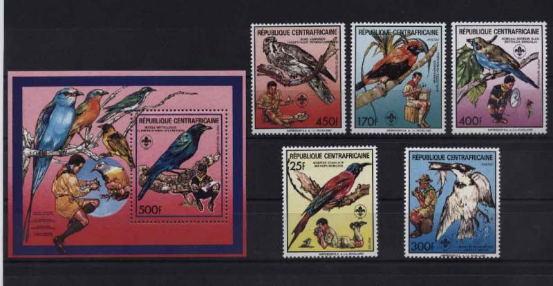 Central Africa Birds/Scouts Mi#1322-26 Bl#435 MNH