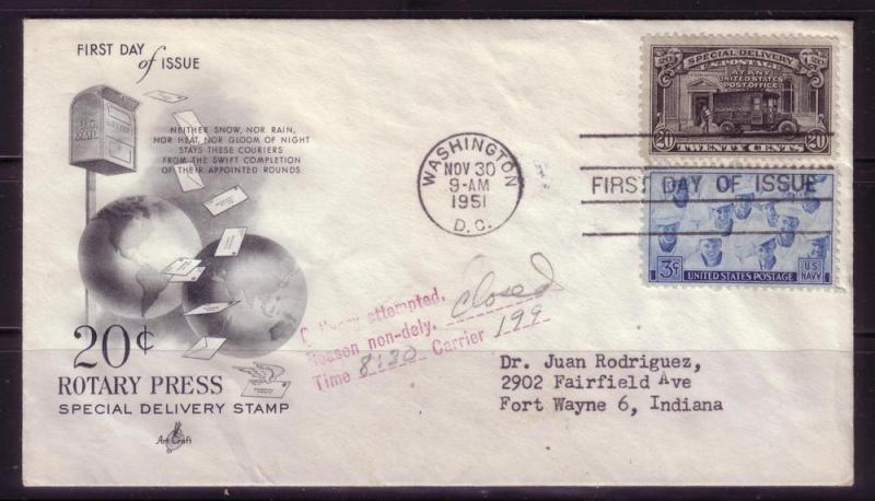 U.S. FDC Sc. # E19 / 935 Special Delivery  POSTALLY USED L26