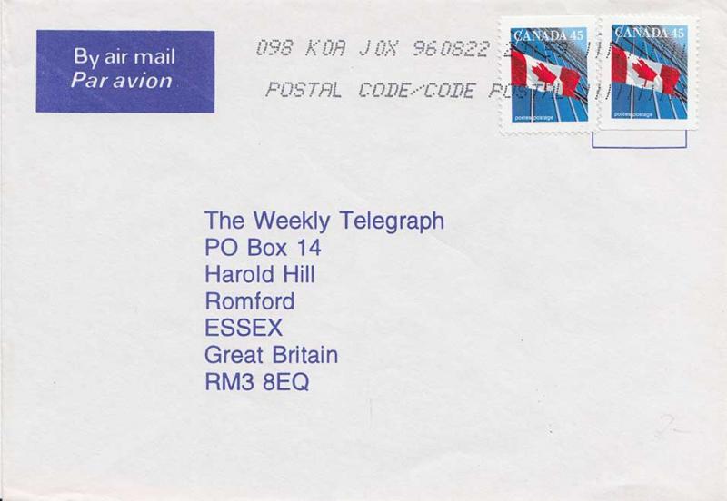 Canada 45c Flag and Building (2) 1996 K0A J0C Ottawa Airmail to Romford, Engl...