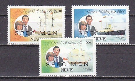 Nevis, Scott cat. 135, 137, 139 only. Royal Wedding, SPECIMEN o/p issue.