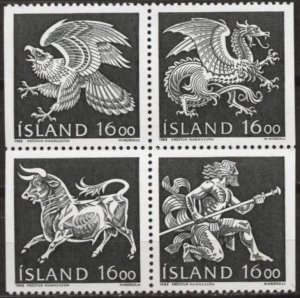 Iceland 656-659 (mnh block of 4) guardian spirits: vulture, dragon, etc. (1988)