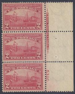 Scott #372 Mint plate block of 3 with imprint