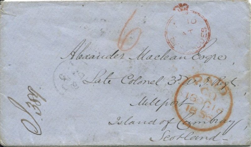 1856 (27 Sep) crown circle PAID AT BARBADOS on cover to Alexander Maclean,