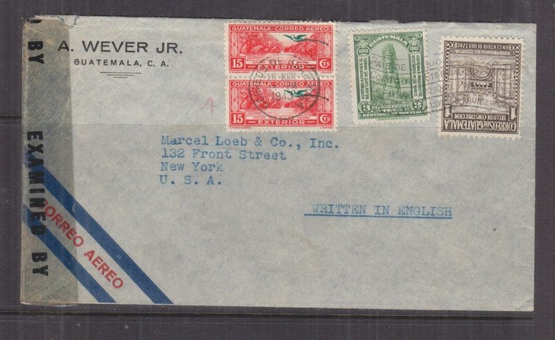 GUATEMALA, 1943 censored airmail cover, Guatemala City to USA, 1c., 3c., 15c.(2) 