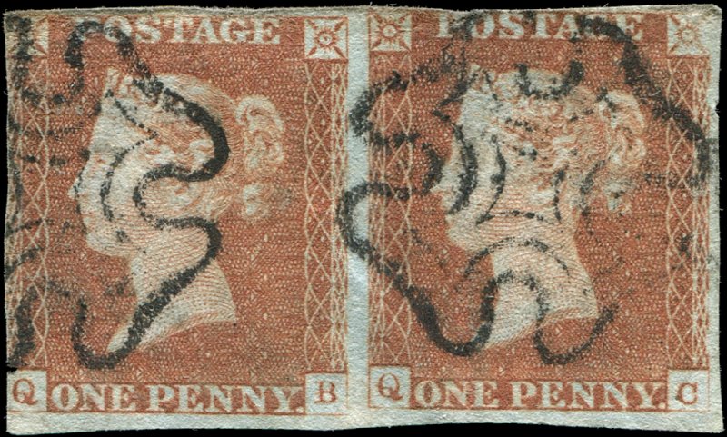 Great Britain - Scott #3 - 1841 QV 1d Red Brown Pair - MC Cancels - Used