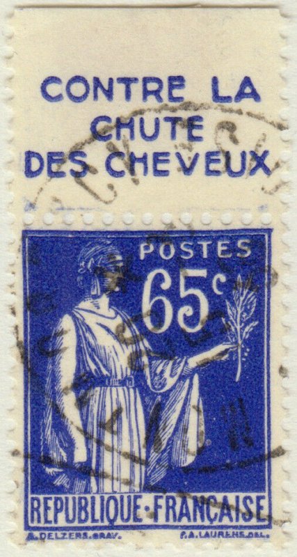 FRANCE - 1937 Pub HAHN (Contre la Chute des Cheveux) sur Yv.365b 65c Paix obl.