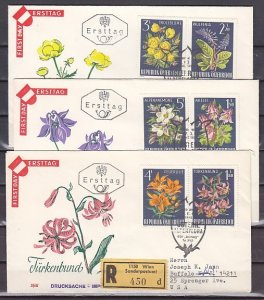 Austria, Scott cat. 764-769. Garden Flowers on 3 Registered First day covers.