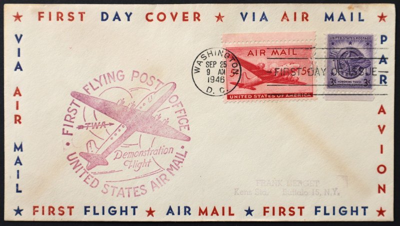 U.S. Used Stamp Scott #C32 5c Air Mail on First Day Cover TWA Flying Post Office