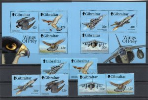 GIBRALTAR 1999 MILITARY AVIATION & RAPTORS SET OF 6 STAMPS, SHEET & 2 S/S MNH