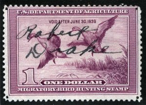 US Sc RW5 Violet $1.00 1938 No Gum M/S Signature Duck Hunting Permit Stamp