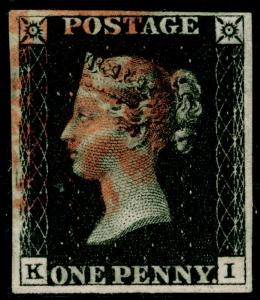 SG2, 1d black PLATE 6, FINE USED. Cat £400. RED MX. 4 MARGINS. KI