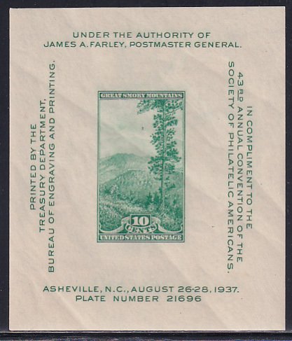 USA 1937 Sc 797 National Parks Philatelic Americans Society Issue Stamp SS MNH