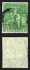 Barbados SG7 1/2d yellow green white paper 4 margins Cat 110 pounds