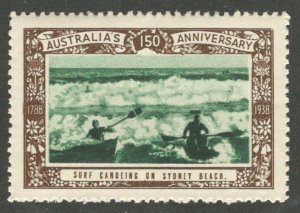 Surf Canoeing On Sydney Beach, N.S.W., Australia, 1938 Poster Stamp, N.H.