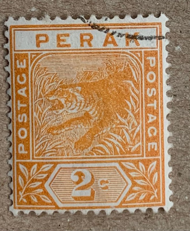 Perak 1895 2c orange Leaping Tiger, used. Scott 44, CV $9.50. SG 63