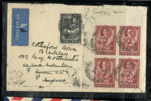 NIGERIA COVER (P1908B) 1937 KGV 4D BL OF 4+2D A/M COVER TO ENGLAND 