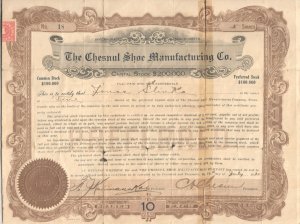 1920 Usa Certificate For Shares Of The Preferred Stock Chesnul Shoe Company