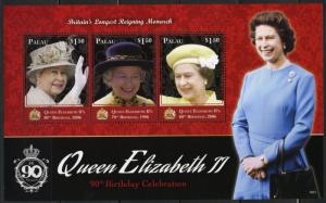 PALAU 2016 QUEEN ELIZABETH II  90th BIRTHDAY SHEET OF THREE   MINT NH