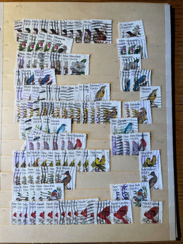Collection of used US State Birds and Flowers stamps, off paper #1953-2002