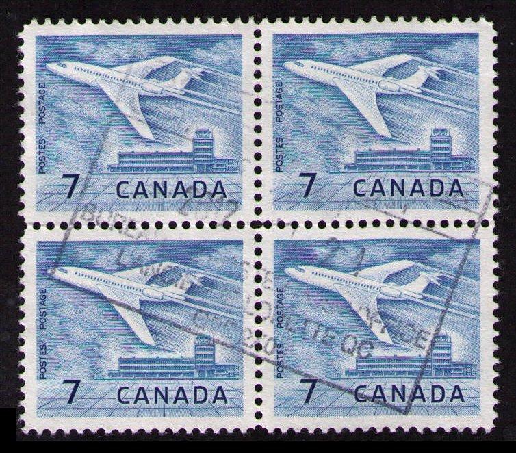 CANADA 1964 SC #414 7c BLUE JET PLANE VF USED BLOCK OF 4 STAMPS