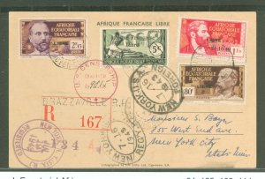 French Equatorial Africa 84/105/109/114 1943 Registered, censored WWII postcard.  Brazzaville-NY, picture of de Gaulle's...