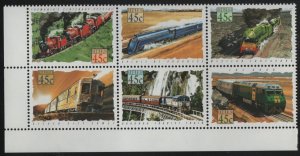 Australia 1993 MNH Sc 1329a 45c Trains Block of 6 Margin copy