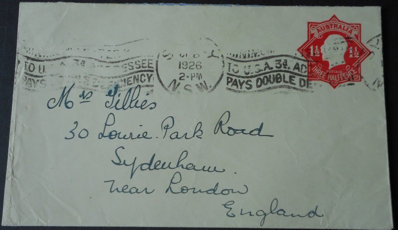 Australia 1926 GV One and HalfPence Postal Envelope to England