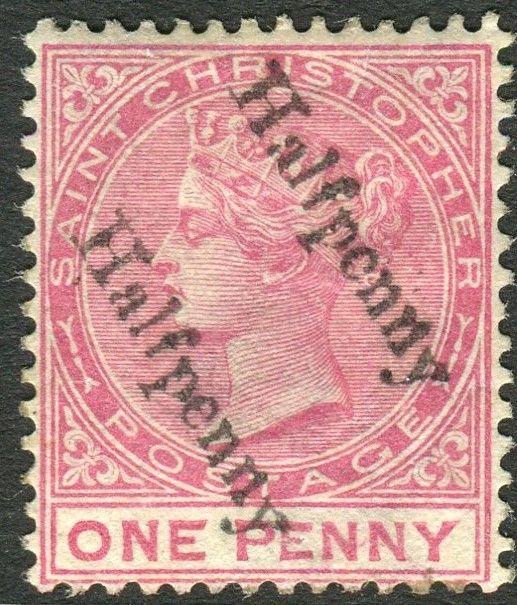 ST CHRISTOPHER-1885 ½d on half of 1d Carmine Rose unsevered LMM Sg 23a