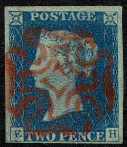 GB 1840 2d Blue EH Plate 1. Complete RUBY shade of MAGENTGA Maltese cross c...