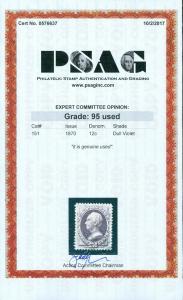 EDW1949SELL : USA 1870 Sc #151 XF-Superb stamp PSAG Graded 95 Cert. SMQI $1,350.