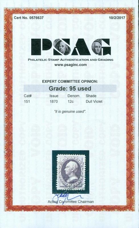 EDW1949SELL : USA 1870 Sc #151 XF-Superb stamp PSAG Graded 95 Cert. SMQI $1,350. 