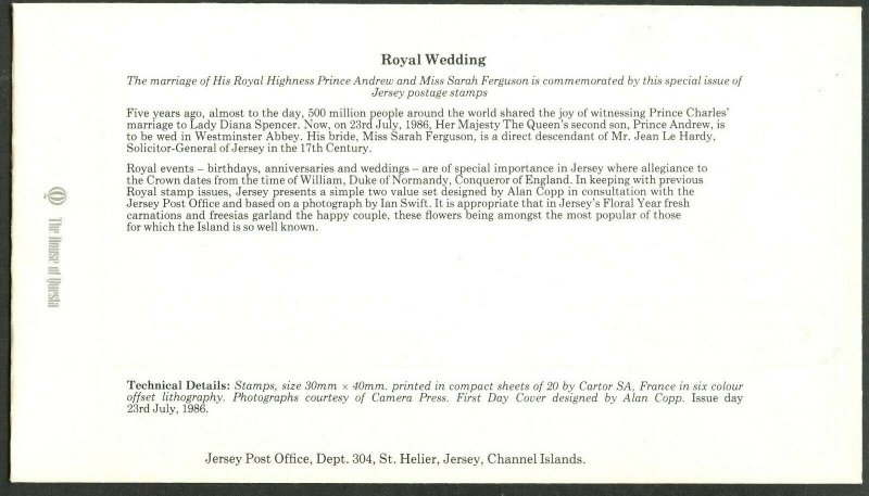 JERSEY Sc#404-405 1986 Prince Andrew Wedding Complete Set Unaddr FDC