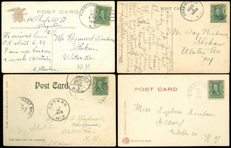 1905-8 LOT/4 PPC's, CATSKILL MOUNTAINS, Shokan, Fleischmanns, Beechford NY +More
