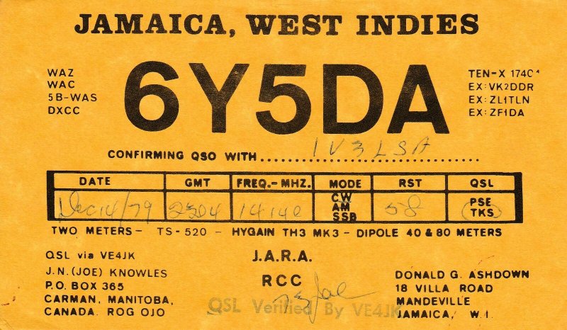 7307 Amateur Radio QSL Card  MANDEVILLE JAMAICA WEST INDIES