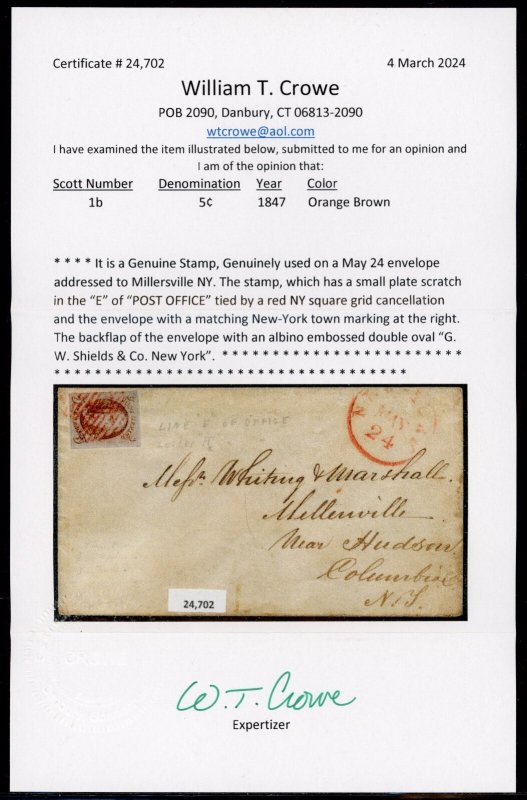 United States 1847 5c Orange Brown Sc# 1b Tied on May 24 Red Grid HC w/ Cert GEM