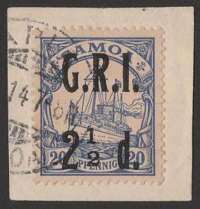 SAMOA 1914 'GRI 2½d' on Yacht 20pf ultramarine, variety 'no fraction bar'.