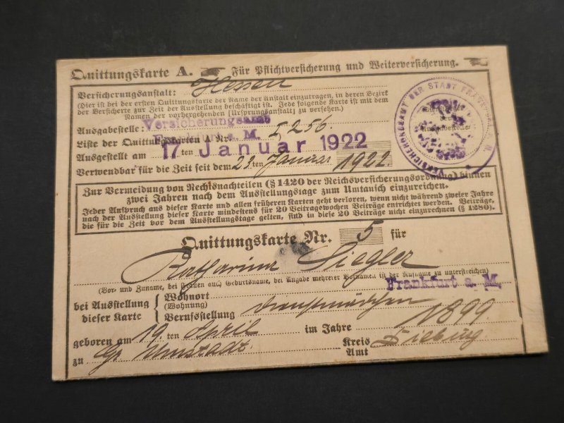 1922 German Weimar Insurance Contribution Card Revenue Stamps Hessen Nassau