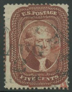 #28 5c 1857 RED BRWN SOUND USED WITH BLACK AND RED CANCELS CV $1,100 AU661