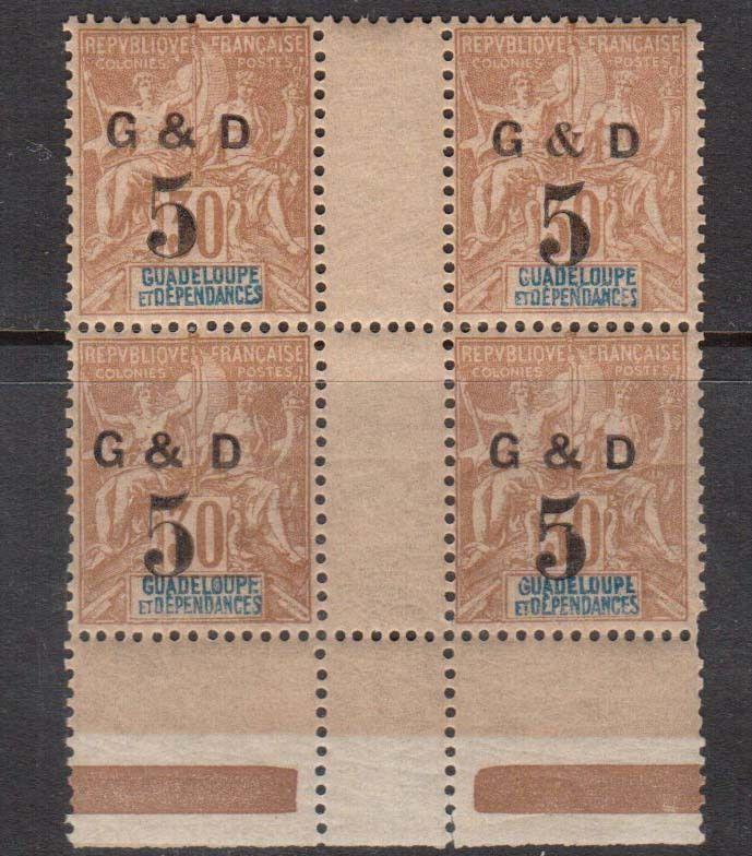 Guadeloupe #45 VF/NH Gutter Block